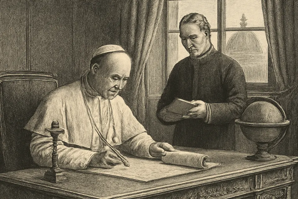 Ilustración en estilo grabado del Papa Pío XI firmando una encíclica en su escritorio del Vaticano en 1925