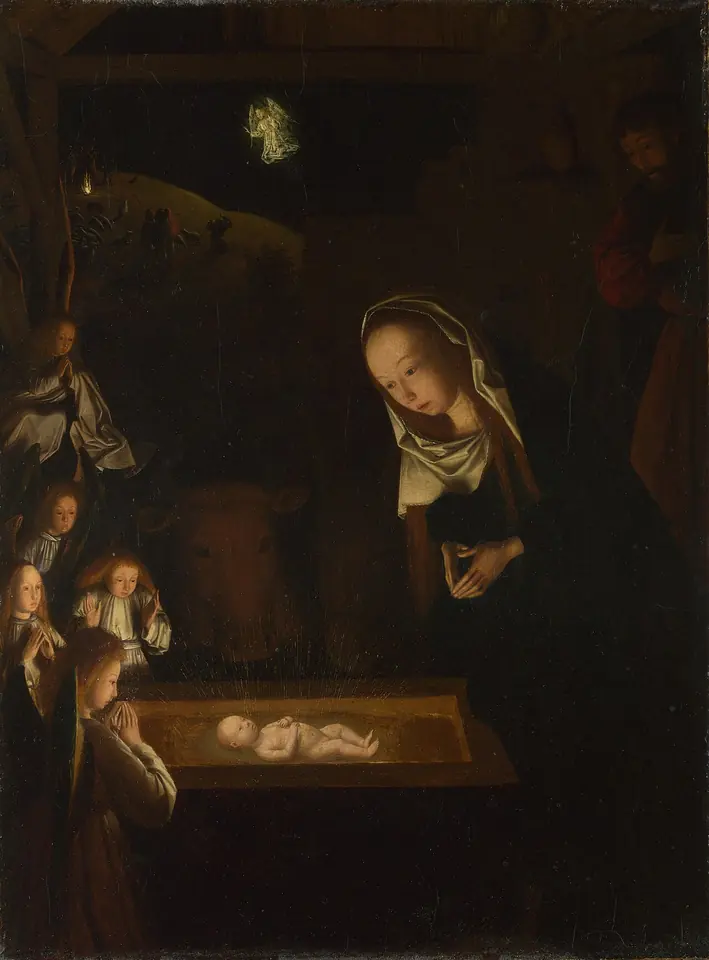 Pintura nocturna de la Virgen arrodillada en oración ante el Niño recién nacido, que brilla con luz propia en el pesebre, rodeado de pequeños ángeles, con los pastores y un ángel en una colina al fondo