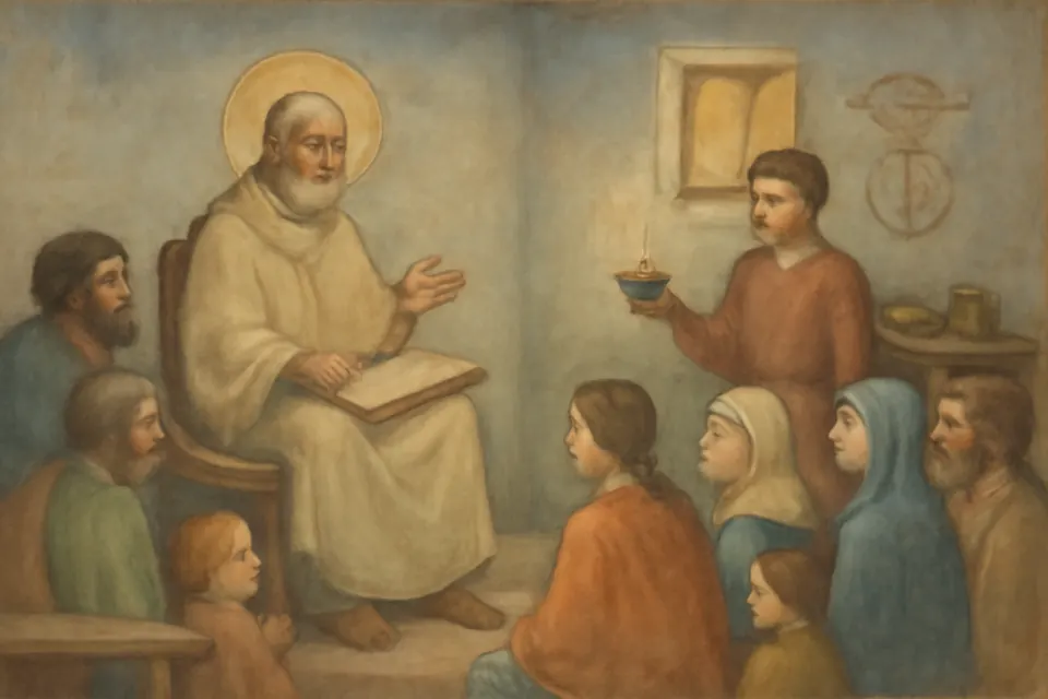 Fresco-style scene of an early Christian bishop teaching a small congregation by lamplight in a plain house church