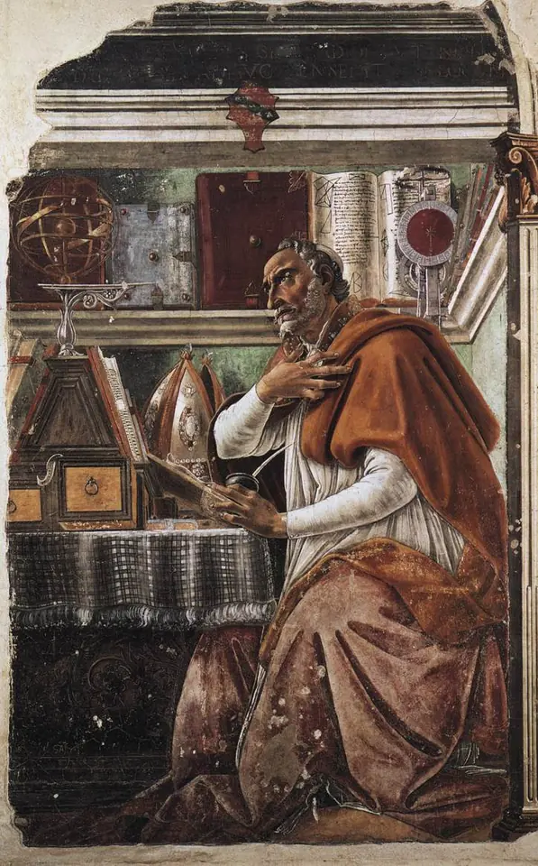 Fresco of St. Augustine in a bishop's cope seated at a desk crowded with books and an armillary sphere, one hand on his chest and his face lifted in thought