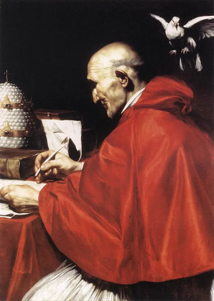 Bald, elderly pope in a red cape writing at a table while a white dove hovers at his ear, a papal tiara beside him