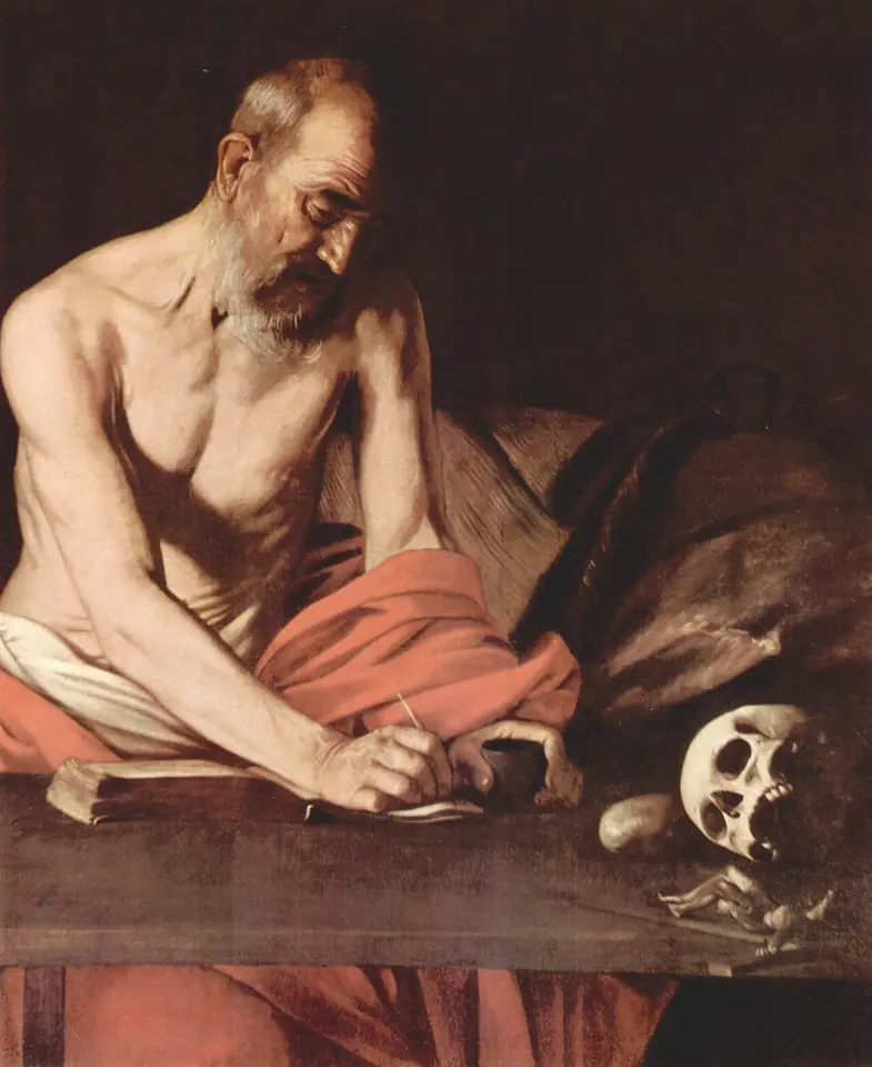 Elderly, white-bearded St. Jerome, bare to the waist with a red cloth over his lap, writing in a book at a dark table beside a skull