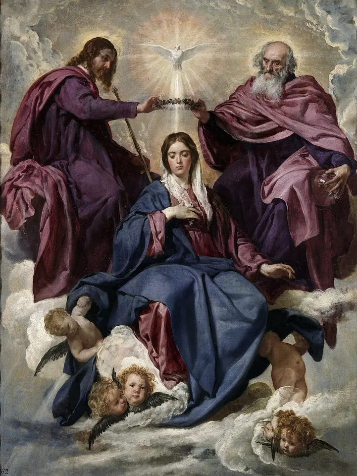 Christ and God the Father hold a crown of flowers above the head of the Virgin Mary, seated on clouds with her hand on her heart, with the dove of the Holy Spirit above and cherubs below