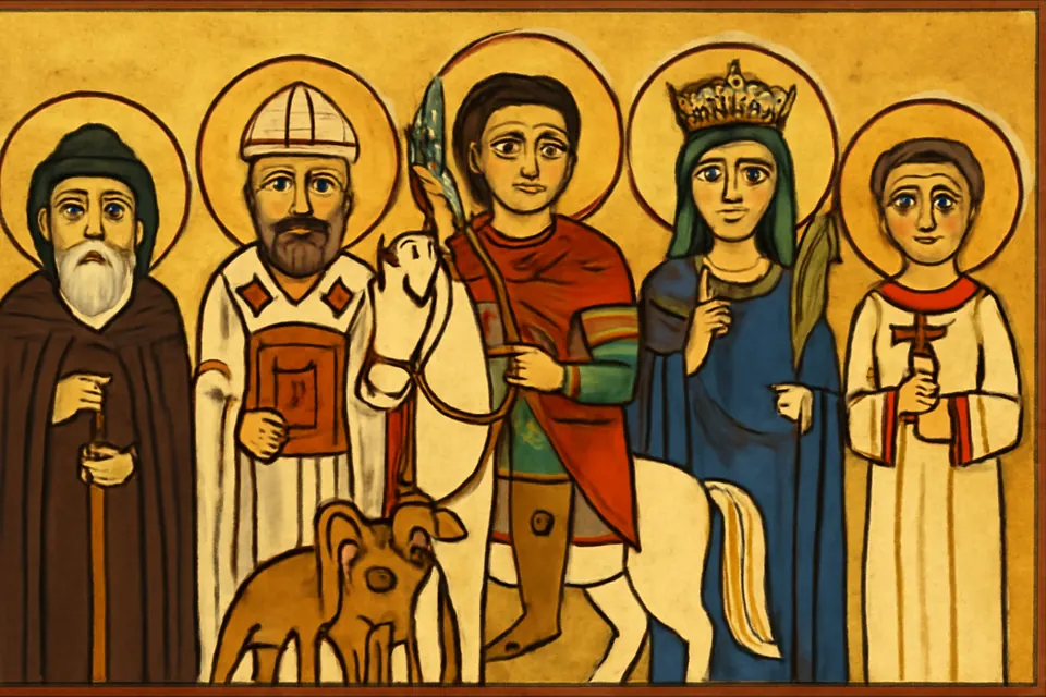 Icon-style painting of a row of Coptic saints on a gold ground, including a soldier on a white horse, a monk with a long beard, a young woman with a crown and a boy holding a cross