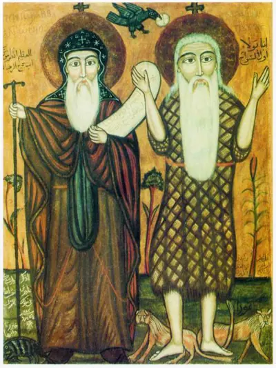 Coptic icon of two old monks with long white beards standing side by side in a desert garden, with a raven above bringing them bread