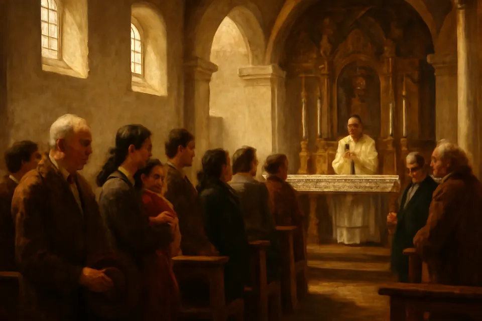 Ilustración en estilo óleo de una parroquia colonial en la que los fieles, de pie, profesan la fe durante la misa dominical mientras el sacerdote está ante el altar