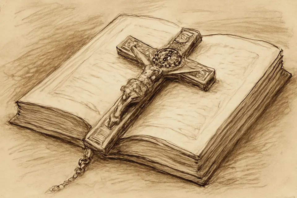 Ink-drawing-style illustration of a small metal crucifix with a round St. Benedict medal set into the crossing of the beams