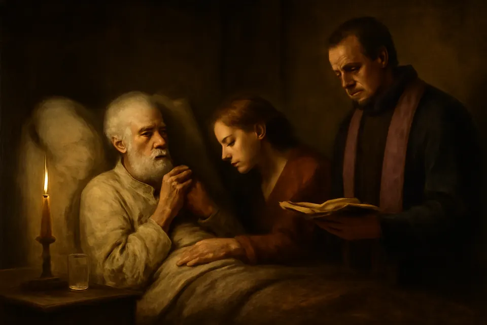 Oil-painting-style illustration of an elderly man in bed holding a small crucifix to his lips as his daughter and a priest pray beside him