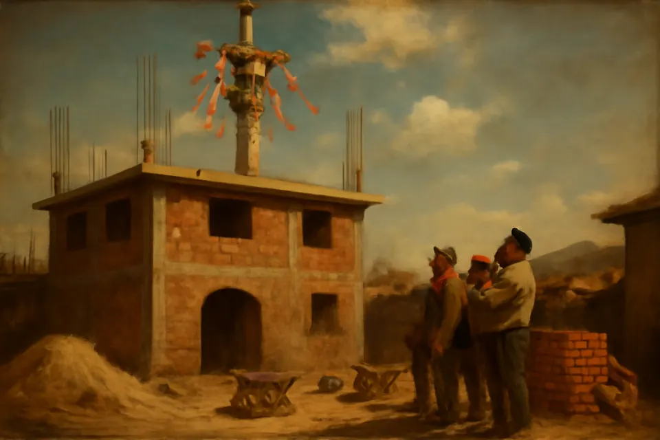 Ilustración en estilo óleo de una cruz de madera adornada con flores y papel de colores en lo alto de una casa de ladrillo en construcción, con los albañiles reunidos abajo una mañana de mayo
