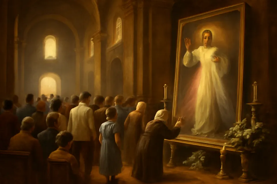 Ilustración en estilo óleo de una iglesia colonial llena de fieles que, el Domingo de la Misericordia, se acercan a venerar una gran pintura de Cristo resucitado de blanco con un rayo pálido y otro rojo