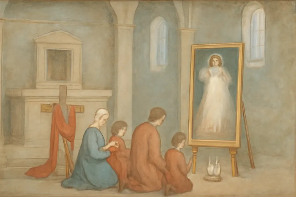 Ilustración en estilo óleo de una familia arrodillada ante una imagen de la Divina Misericordia en una iglesia en penumbra el Viernes Santo por la tarde, con el altar desnudo y el sagrario abierto y vacío