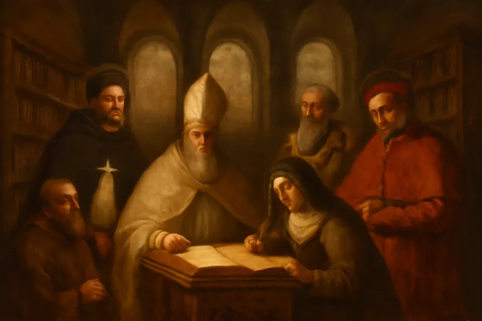 Oil-painting-style scene of saints in bishops' robes, monks' habits and nuns' veils gathered around an open book on a lectern in a vaulted library