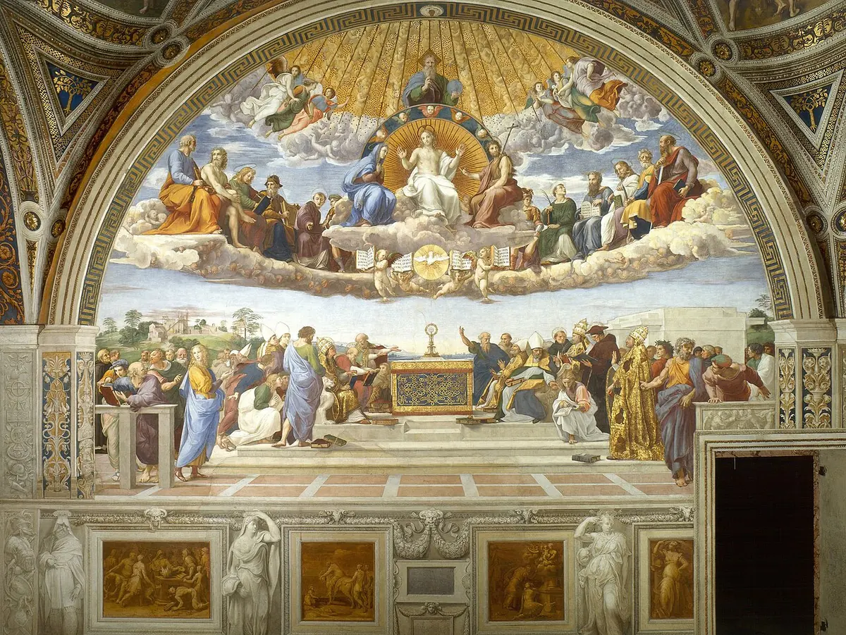 Large arched fresco with the Trinity and saints seated on clouds above, and below a crowd of popes, bishops and theologians gathered on either side of an altar with a monstrance