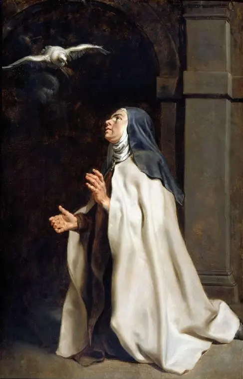 Carmelite nun in a white mantle kneeling with clasped hands and gazing up at a white dove flying in a dark room