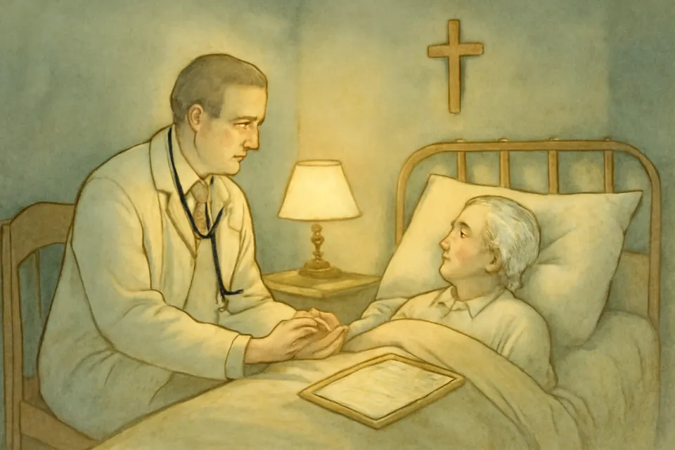Engraving-style illustration of a doctor in a white coat sitting at the bedside of an elderly patient by lamplight, holding the patient's wrist, a crucifix on the wall above the bed