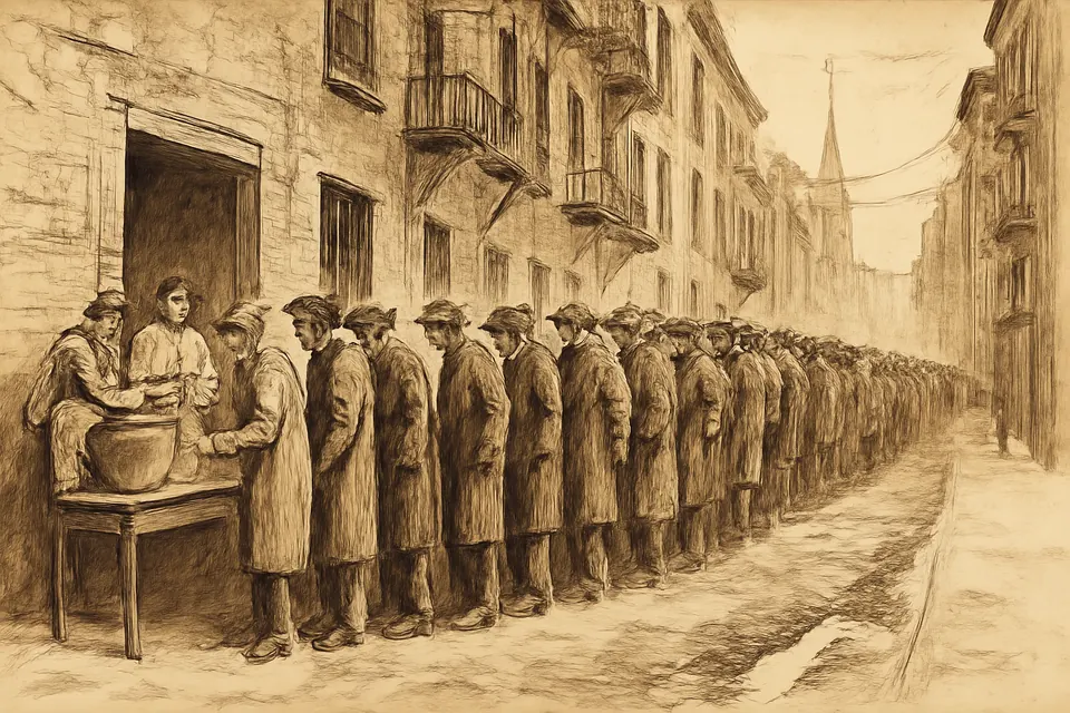 Ink-drawing-style scene of a line of men in worn coats waiting outside a brick tenement for soup on a winter morning in 1930s New York