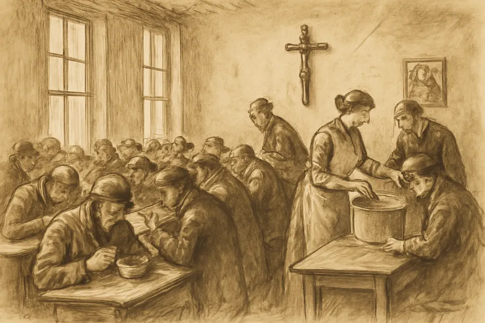 Ink-drawing-style scene of volunteers serving bread and soup to men at long tables in a Catholic Worker house of hospitality