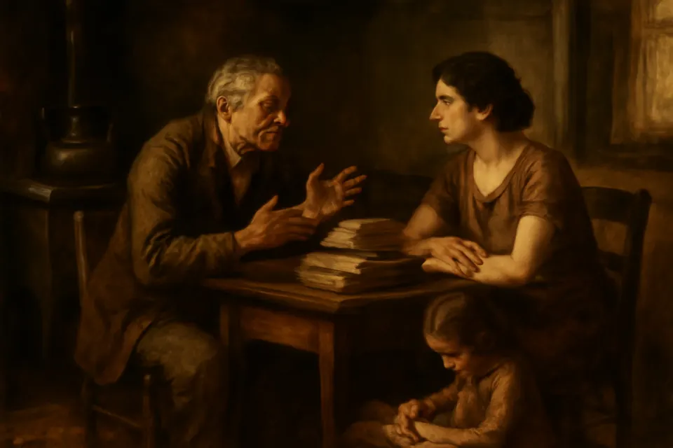 Oil-painting-style scene of an older man in a rumpled suit talking earnestly with a young woman at a kitchen table in a New York tenement