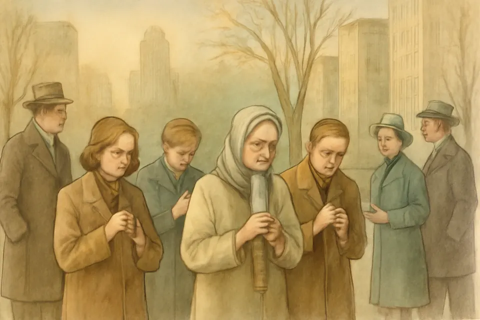 Watercolor-style scene of a small group of people holding a quiet vigil for peace on a city sidewalk in the 1950s