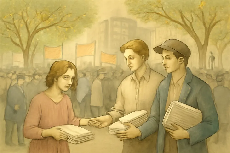 Watercolor-style illustration of young volunteers selling a penny newspaper to passers-by in New York's Union Square during the Depression