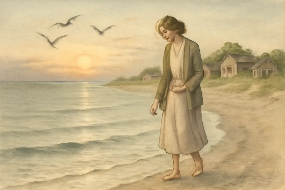 Watercolor-style scene of a young woman walking alone on a Staten Island beach at dawn, collecting shells