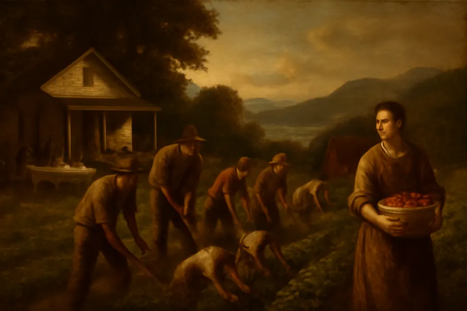 Oil-painting-style scene of volunteers and guests working together in the vegetable rows of a small Catholic Worker farm in the Hudson Valley