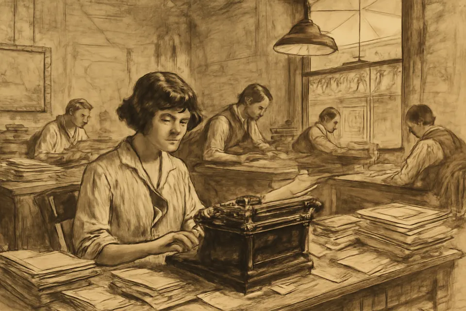 Ink-drawing-style scene of a young woman reporter writing in a crowded newspaper office in New York in 1916