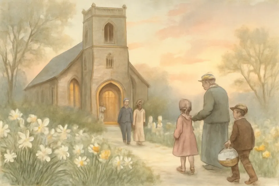 Illustration of a parish church at dawn on Easter morning, with families in spring clothes walking up the path past beds of white lilies