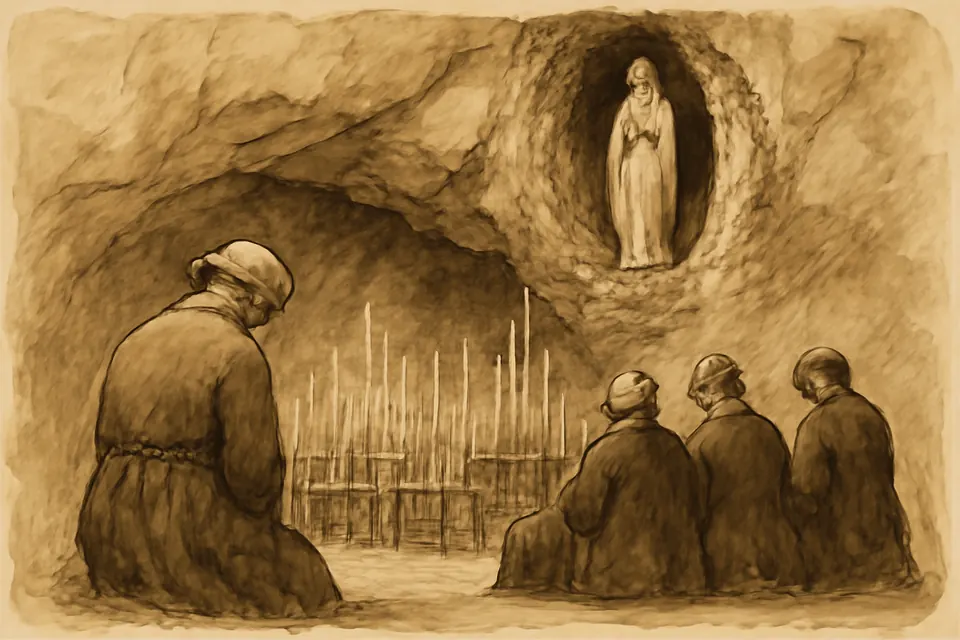 Ink-drawing-style scene of an elderly woman in a dark coat and hat kneeling among pilgrims before the candlelit grotto of Lourdes