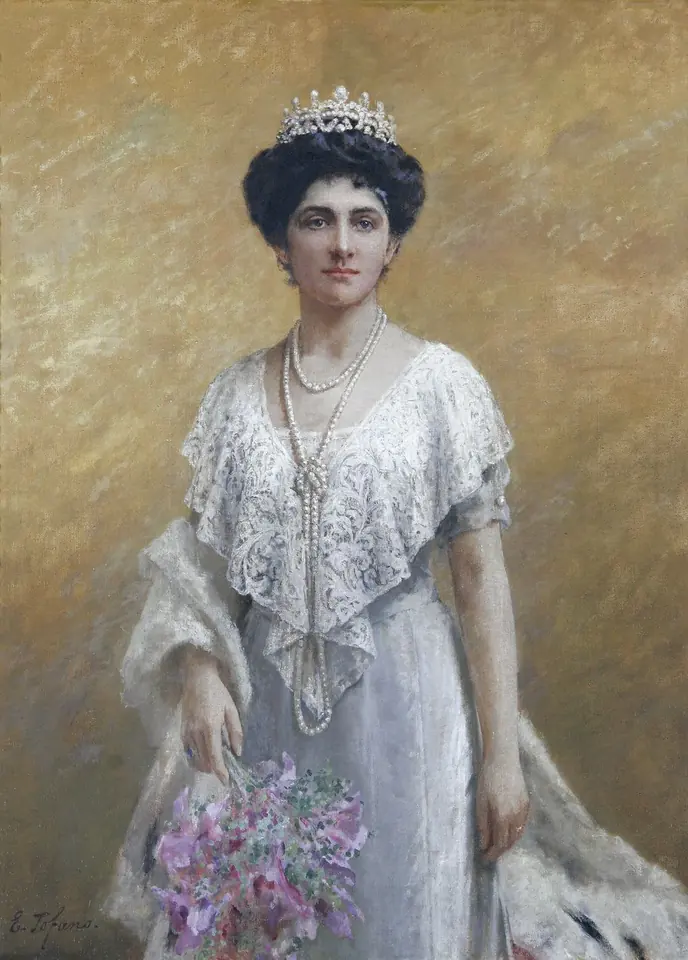 Painted portrait of a tall woman in a white lace gown and long pearl necklaces, wearing a tiara and holding a bouquet of purple flowers