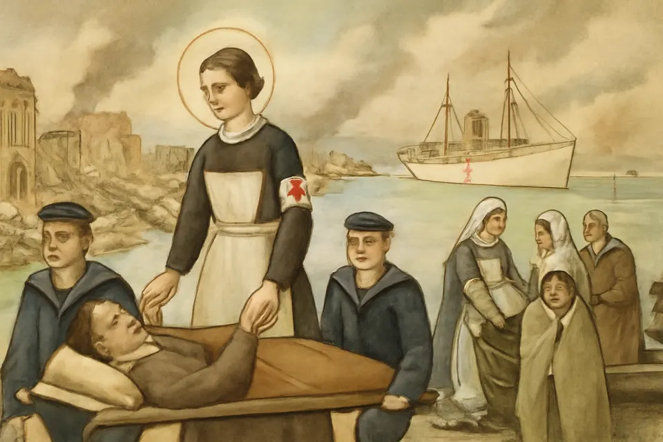Watercolor-style scene of a tall woman in a dark dress and white apron helping carry an injured man on a stretcher toward a ship's boat amid the ruins of Messina in 1908