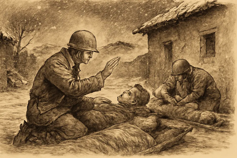 Ink-drawing-style scene of an Army chaplain in a worn field jacket kneeling in the snow beside wounded soldiers in a ruined Korean village at night