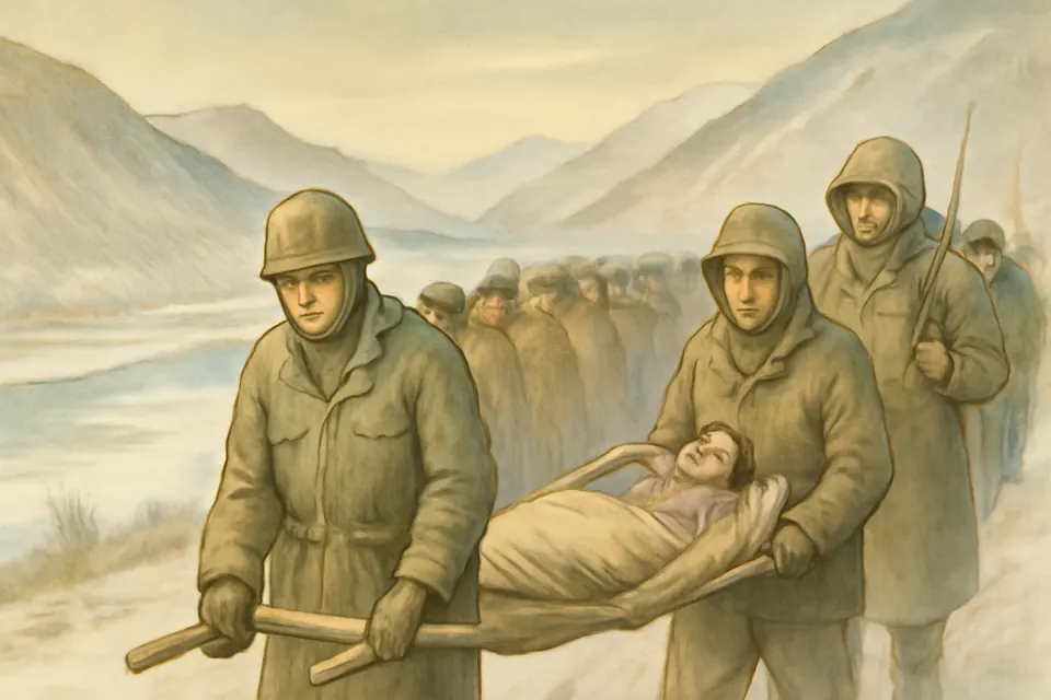Watercolor-style scene of a long column of American prisoners marching through snowy Korean mountains, two of them carrying a wounded comrade on a makeshift litter