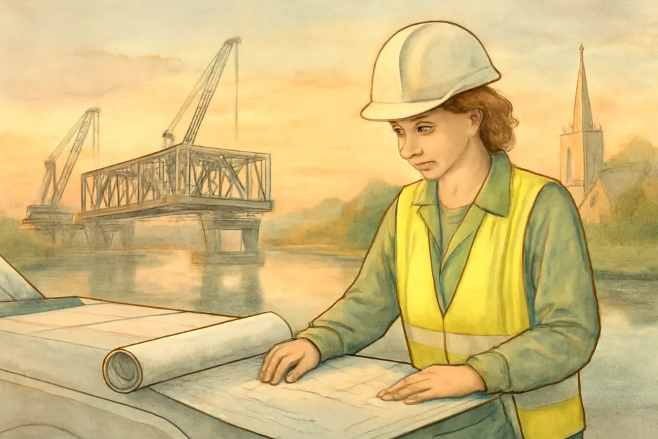 Engraving-style illustration of a civil engineer in a hard hat studying blueprints on a construction site at dawn, with the steel frame of a bridge and a church steeple behind her