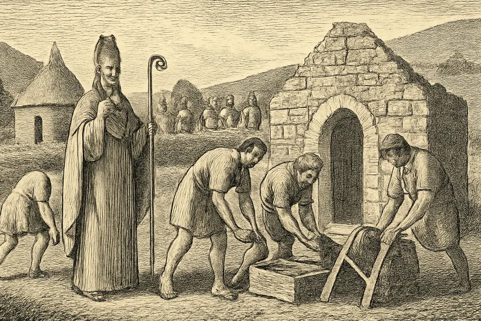 Engraving-style illustration of St. Patrick in a bishop's cloak blessing the stones as Irish workers build a small church with arches and mortar