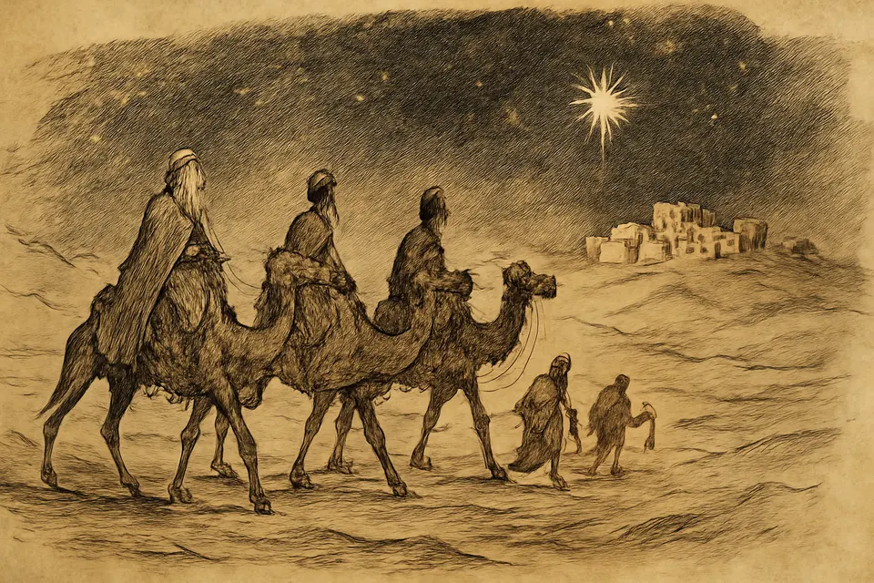 Illustration of the three Magi on camels crossing a moonlit desert toward a small town, following a bright star
