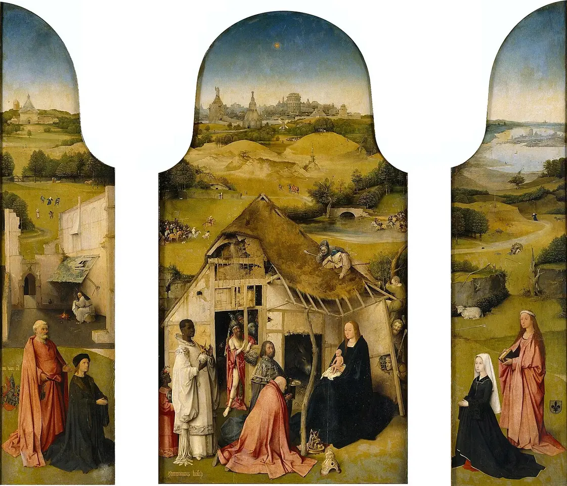 Open triptych with the three Magi presenting gifts to the Christ Child on Mary's lap before a ruined stable in the center panel, donors with St. Peter and St. Agnes on the wings, and a wide landscape behind