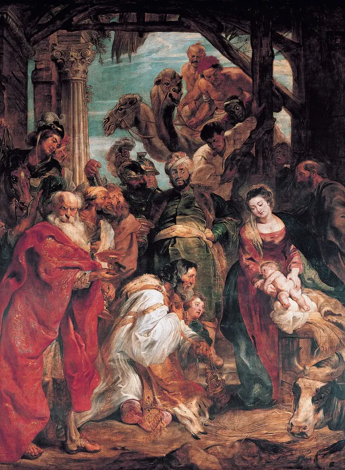Tall Baroque painting of the kings and their attendants crowding up steps toward Mary and the Child, an old king kneeling, a Black king in white, camels and torches behind