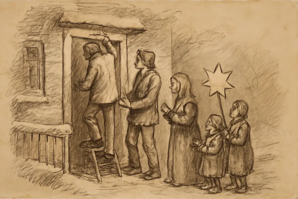 Ink-drawing-style illustration of a father on a step stool writing a chalk blessing above the front door while his family holds a candle and holy water
