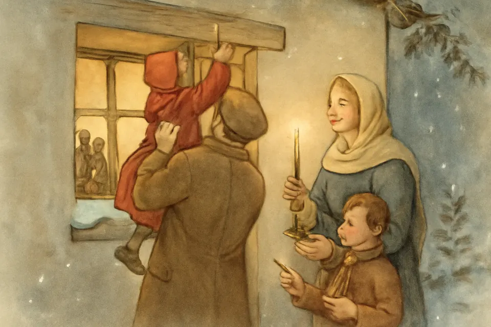 Oil-painting-style picture of a father lifting his young daughter so she can write 20+C+M+B+27 in white chalk above a wooden front door on a winter evening