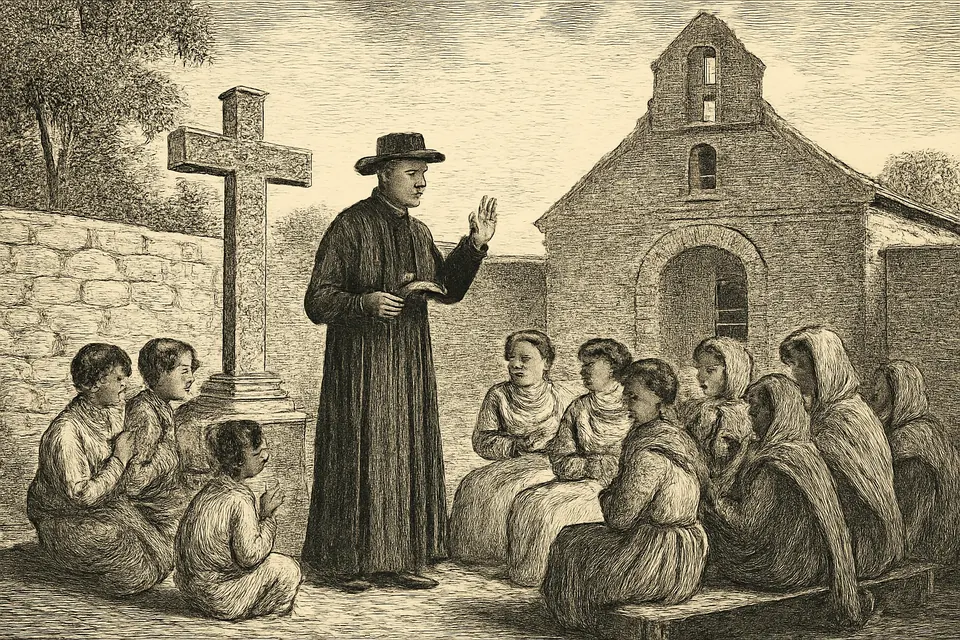 Ilustración en estilo grabado de un jesuita que enseña la doctrina cristiana a un grupo de niños y adultos en el atrio de una iglesia de la Nueva España, ante una cruz de piedra