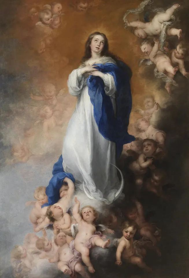 Pintura de una joven María con túnica blanca y manto azul que asciende entre nubes sobre una media luna, con las manos cruzadas sobre el pecho y rodeada de angelitos
