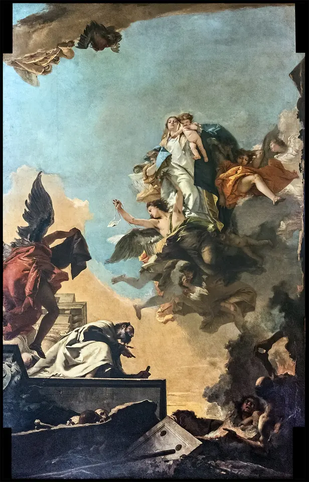 La Virgen con el Niño sobre las nubes mientras un ángel tiende un pequeño escapulario a un anciano fraile carmelita de capa blanca, arrodillado, con almas en la penumbra de abajo