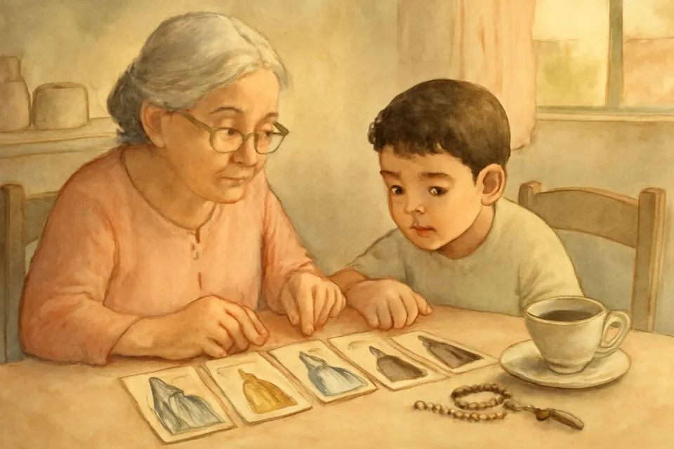 Ilustración en estilo acuarela de una abuela que enseña a su nieto varias estampas de la Virgen María con distintos mantos y coronas