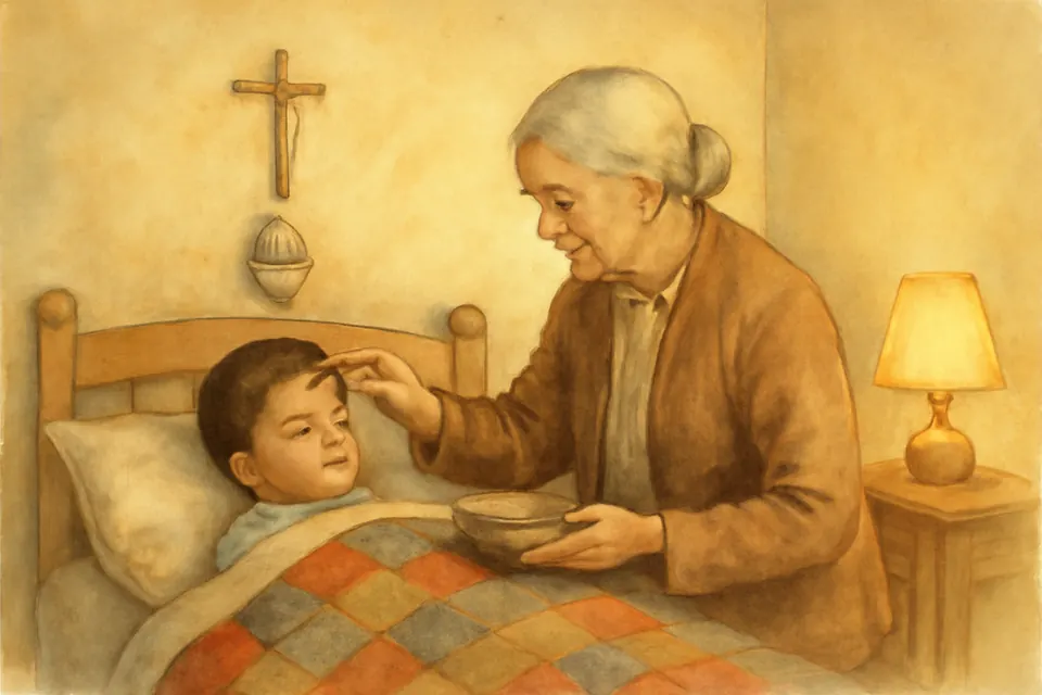 Ilustración en estilo acuarela de una abuela que traza la señal de la cruz con agua bendita en la frente de su nieto antes de dormir