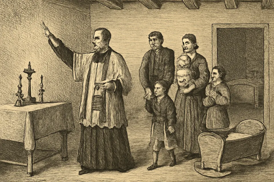 Ilustración en estilo grabado de un sacerdote que rocía con agua bendita las habitaciones de una casa mientras la familia lo sigue rezando