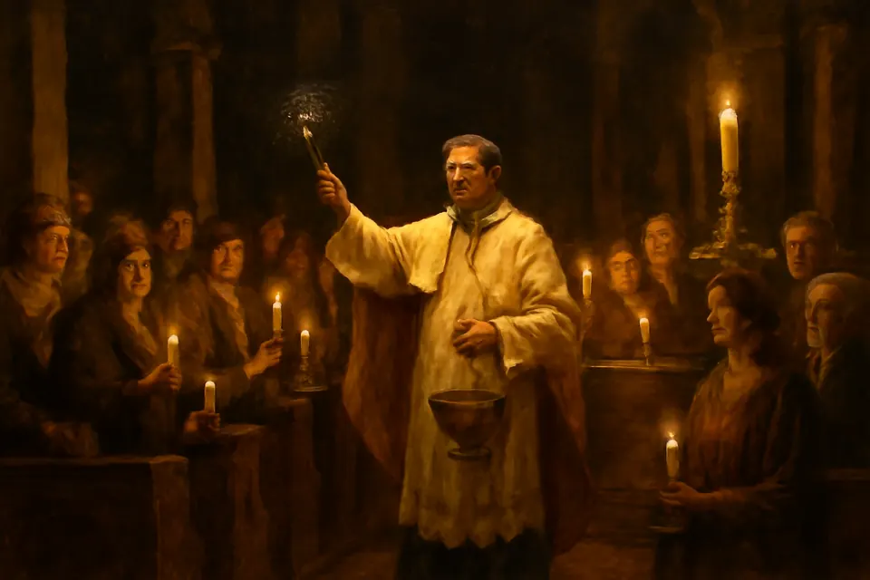 Ilustración en estilo óleo de un sacerdote con casulla blanca que rocía con agua recién bendecida a los fieles que sostienen velas encendidas durante la Vigilia Pascual