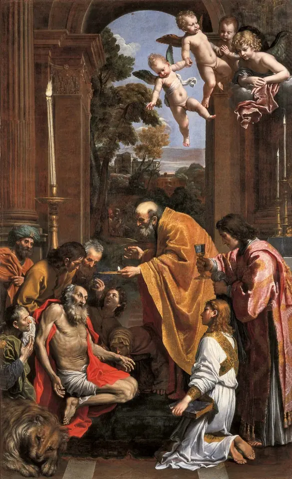 Pintura de un anciano casi desnudo, sostenido por sus compañeros, que recibe la comunión de manos de un sacerdote con vestiduras doradas, con ángeles que vuelan sobre la escena