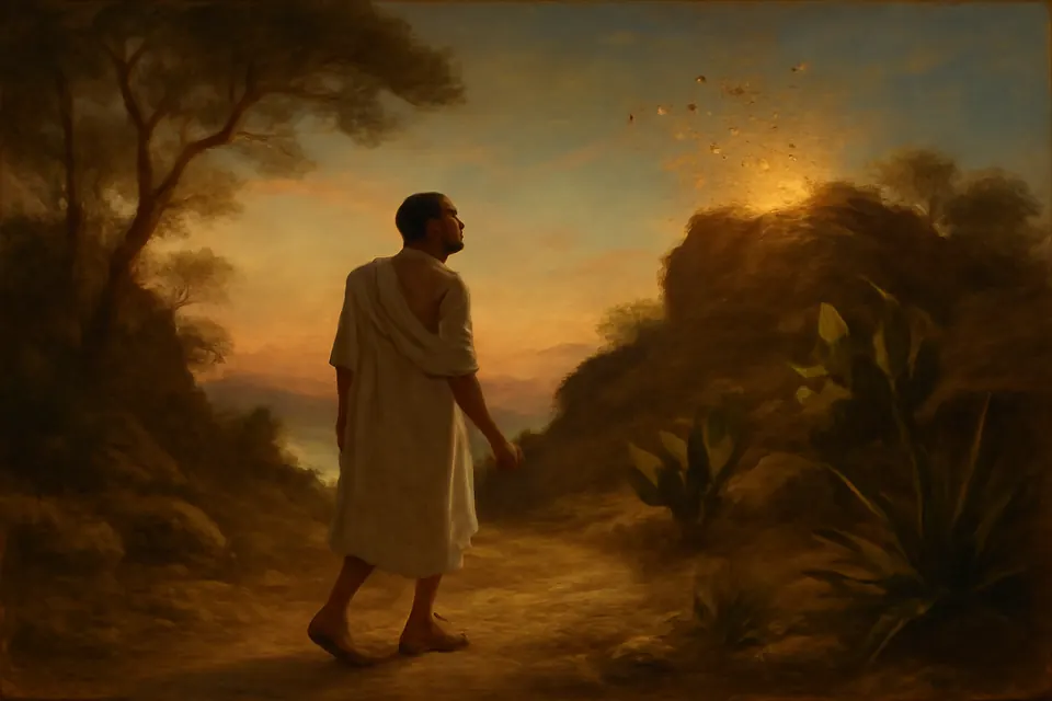 Ilustración al estilo de pintura al óleo de un indígena con tilma blanca que camina al amanecer hacia un cerro pedregoso, sobre cuya cumbre brilla una luz dorada y vuelan pájaros