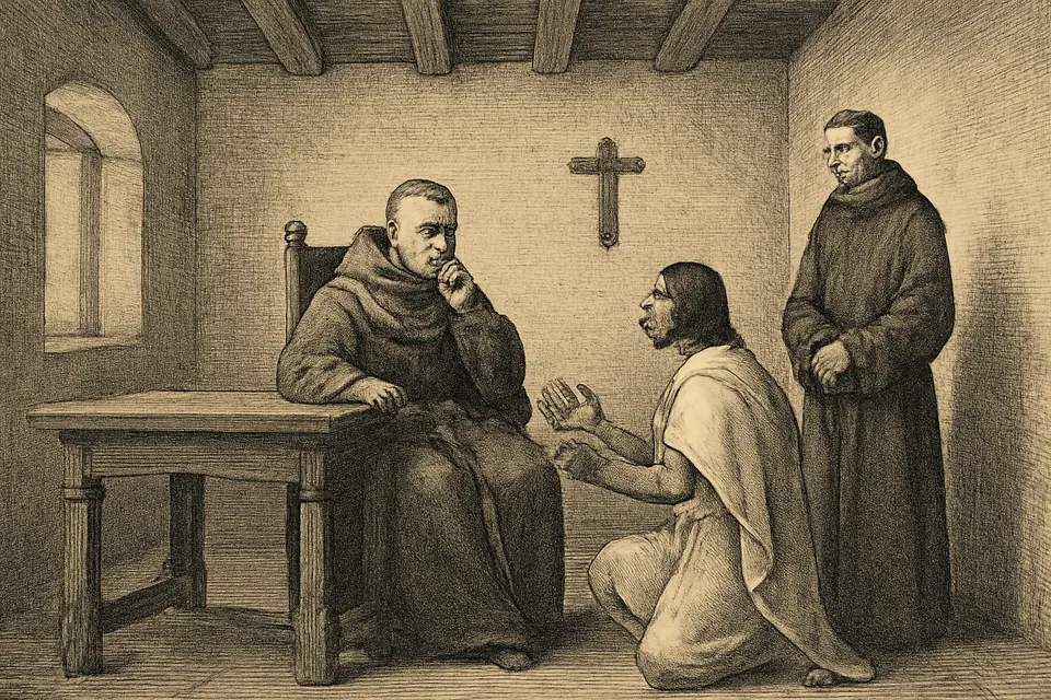 Ilustración al estilo de grabado antiguo de Juan Diego, arrodillado con su tilma, que habla con el obispo franciscano Zumárraga, sentado en una sala colonial sencilla